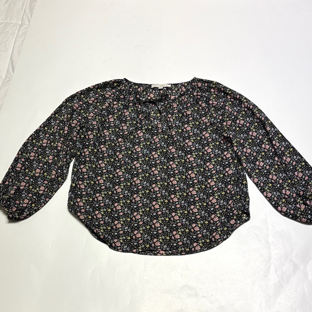 Loft women’s floral tie neck boho long sleeve blouse size small